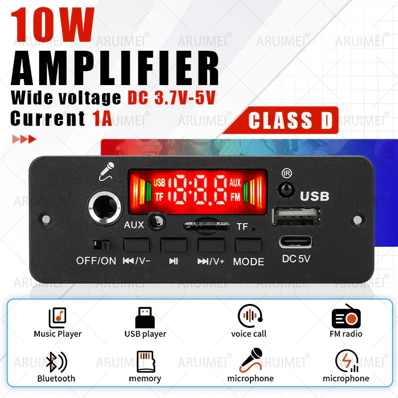 Black rectangular 10w amplifier bluetooth module with red display and multiple input output ports for music player car use