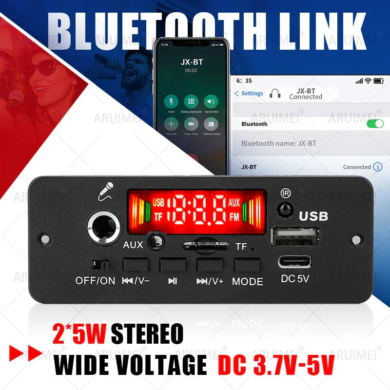 Black rectangular 10w amplifier bluetooth audio module with red display and multiple ports for music player car use