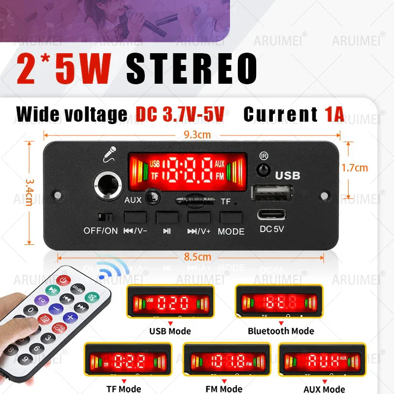 Black aruimei 10w amplifier bluetooth module with red led display and multiple ports for usb record handsfree music player car