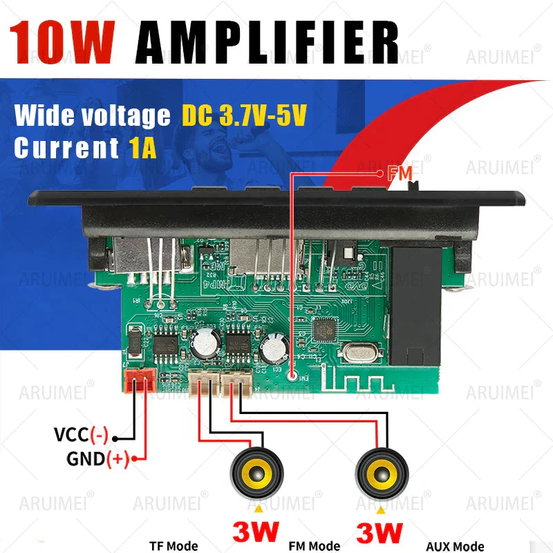 Black plastic 10w amplifier bluetooth with green circuit board and labeled audio output ports for music player car use