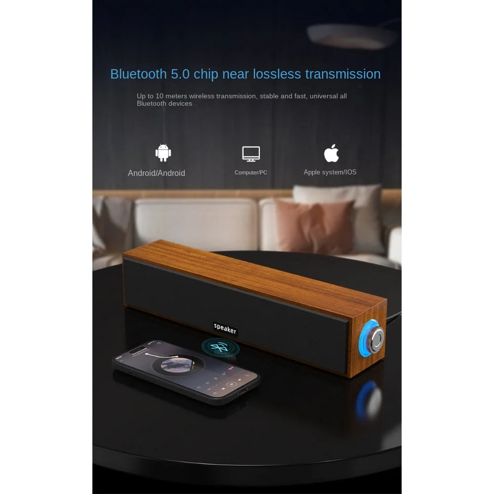 New Long Strip USB Wired Bluetooth Dual Speakers Wooden Small Speaker Computer Notebook Sound Bar Desktop Heavy Bass