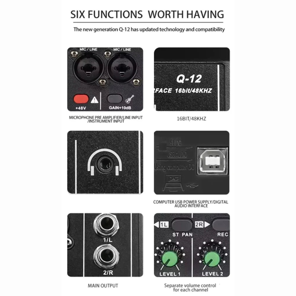 2 Channels Professional portable Audio Interface sound card console mini USB MIXER for Guitar Recording Studio Singing Q12