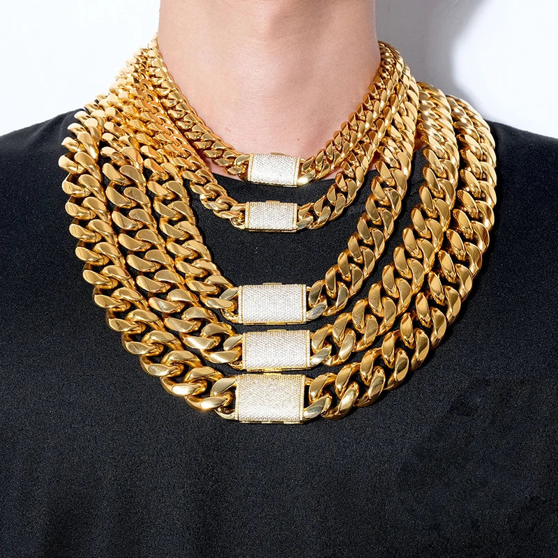 Layered gold stainless steel cuban link necklaces with diamond encrusted rectangular clasps hip hop bling style