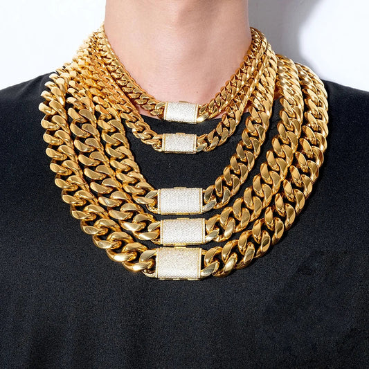 Layered gold stainless steel cuban link necklaces with diamond encrusted rectangular clasps hip hop bling style