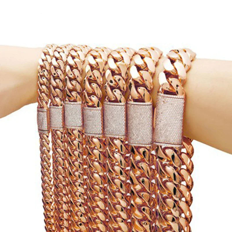 Rose gold stainless steel cuban link chain with diamond-encrusted clasp 22mm big heavy hip hop bling necklace for men