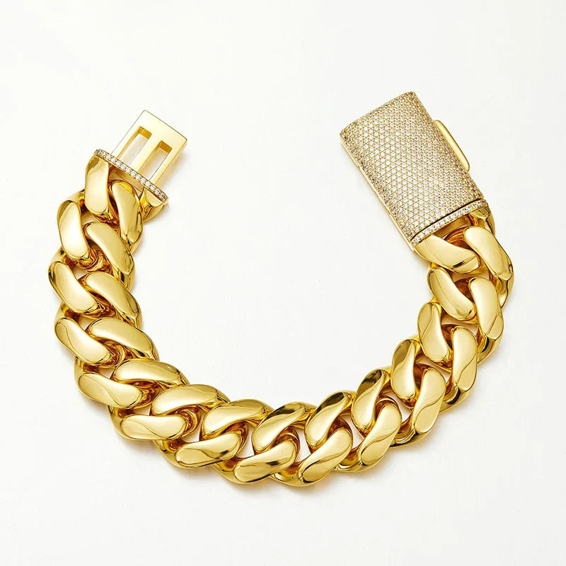 Gold-colored 22mm big heavy stainless steel cuban link bracelet with textured diamond-encrusted hip hop bling clasp