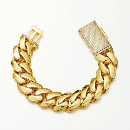 Gold-colored 22mm big heavy stainless steel cuban link bracelet with textured diamond-encrusted hip hop bling clasp