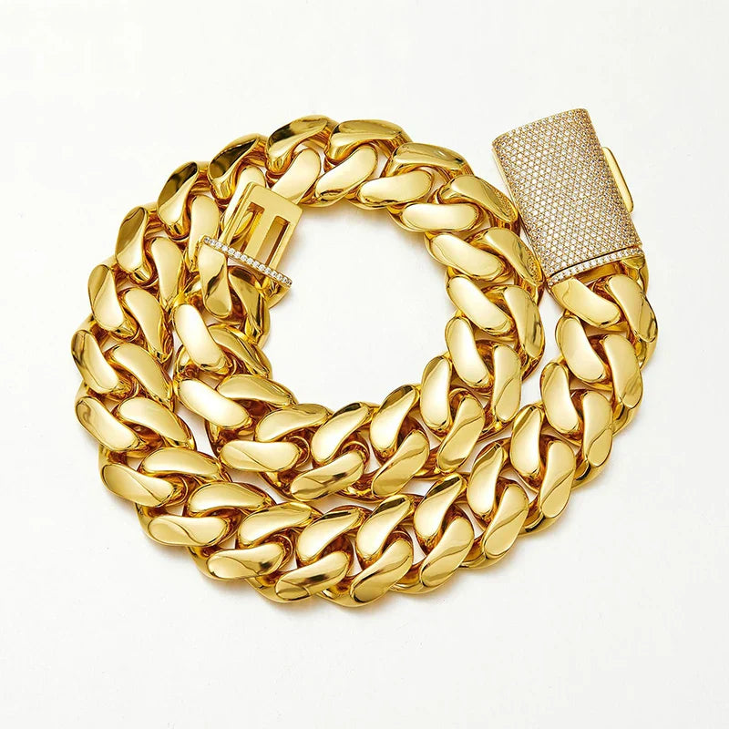 Gold-colored 22mm big heavy stainless steel cuban link chain necklace with diamond-encrusted clasp hip hop bling