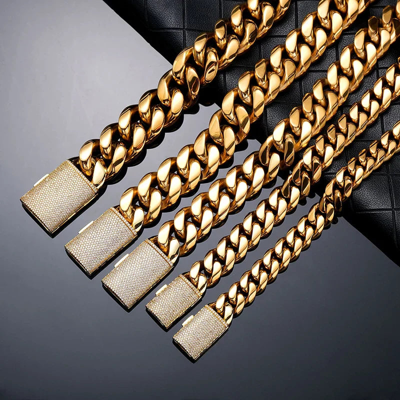 Gold 22mm big heavy stainless steel cuban link necklace with textured diamond-encrusted clasp hip hop bling jewelry