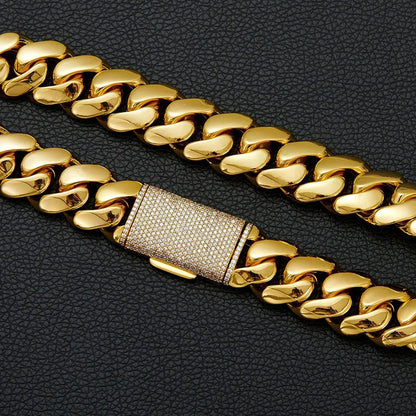 Gold-colored 22mm big heavy stainless steel cuban link chain with diamond-encrusted clasp hip hop bling necklace