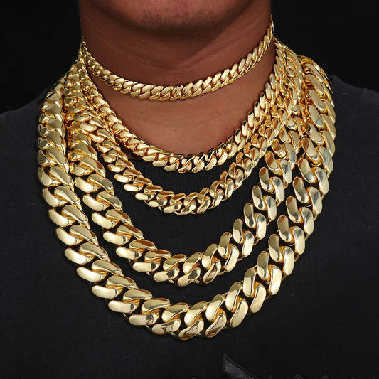 Layered gold 12-20mm wide hip hop iced out round cuban miami link chain necklaces men rapper jewelry