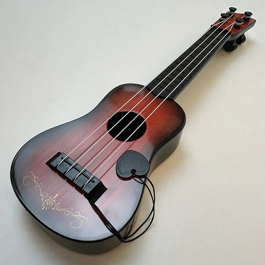 A glossy sunburst-finished children guitar toy with black fretboard white strings and gold inlay simulating yukrili music toys