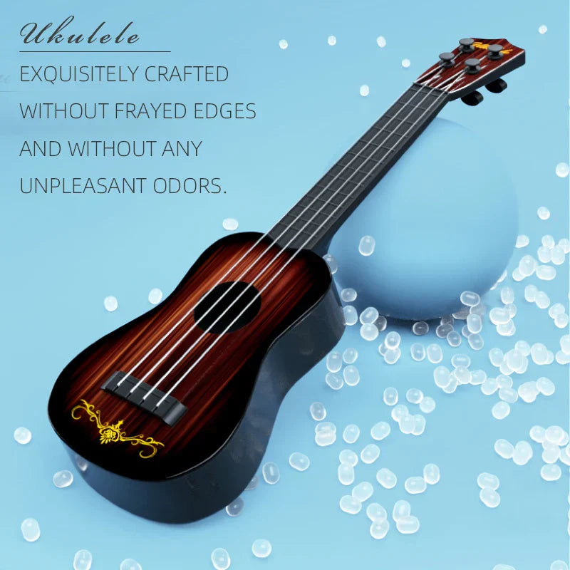 A polished dark brown wooden children guitar toy with gold inlay simulating yukrili music for educational play