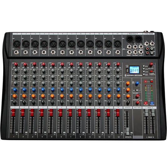Black 12 channel mixing console with red blue and orange knobs suitable for home dj recording and stage performance mixer