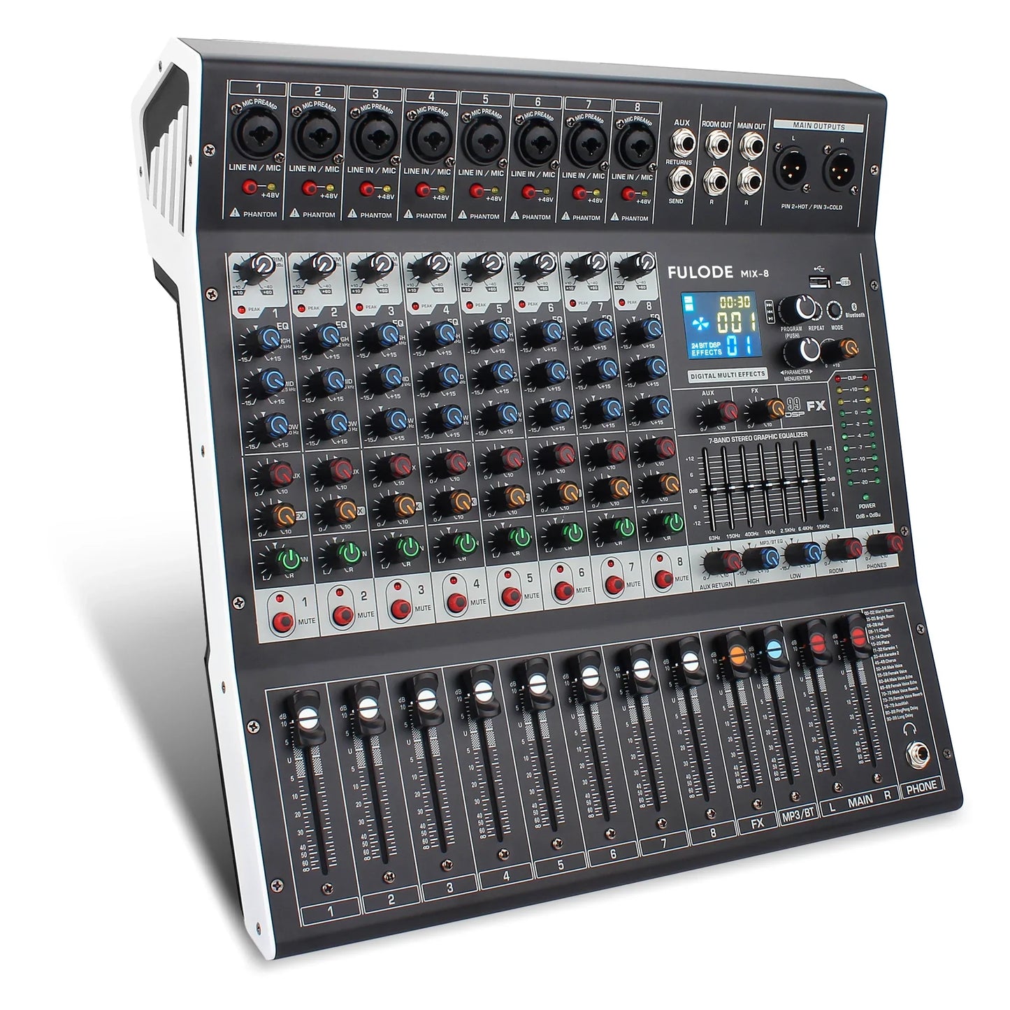Black and white fulode 12-channel professional audio mixing sound board with 99-bit dsp and recording xlr mic jack ports