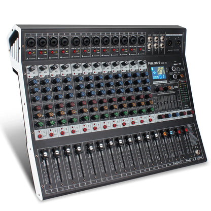Black fulode mx-12 professional audio mixing sound board with 12 channels 99-bit dsp and recording xlr mic jack