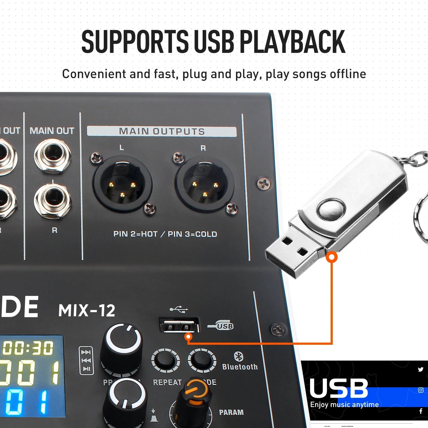 Black professional audio mixing sound board with silver knobs xlr mic jacks and usb port for mp3 playback and recording
