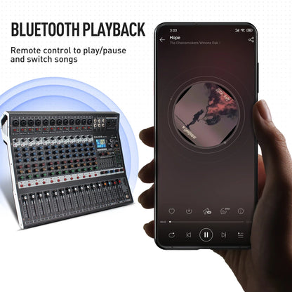 Black and silver falode 12-channel professional audio mixing sound board with 99-bit dsp usb mp3 and recording xlr mic jack