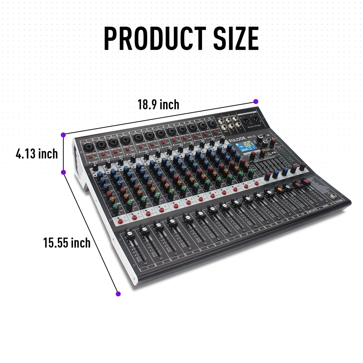 Black and silver fuloose 12-channel professional audio mixing sound board with colorful knobs and recording xlr mic jack