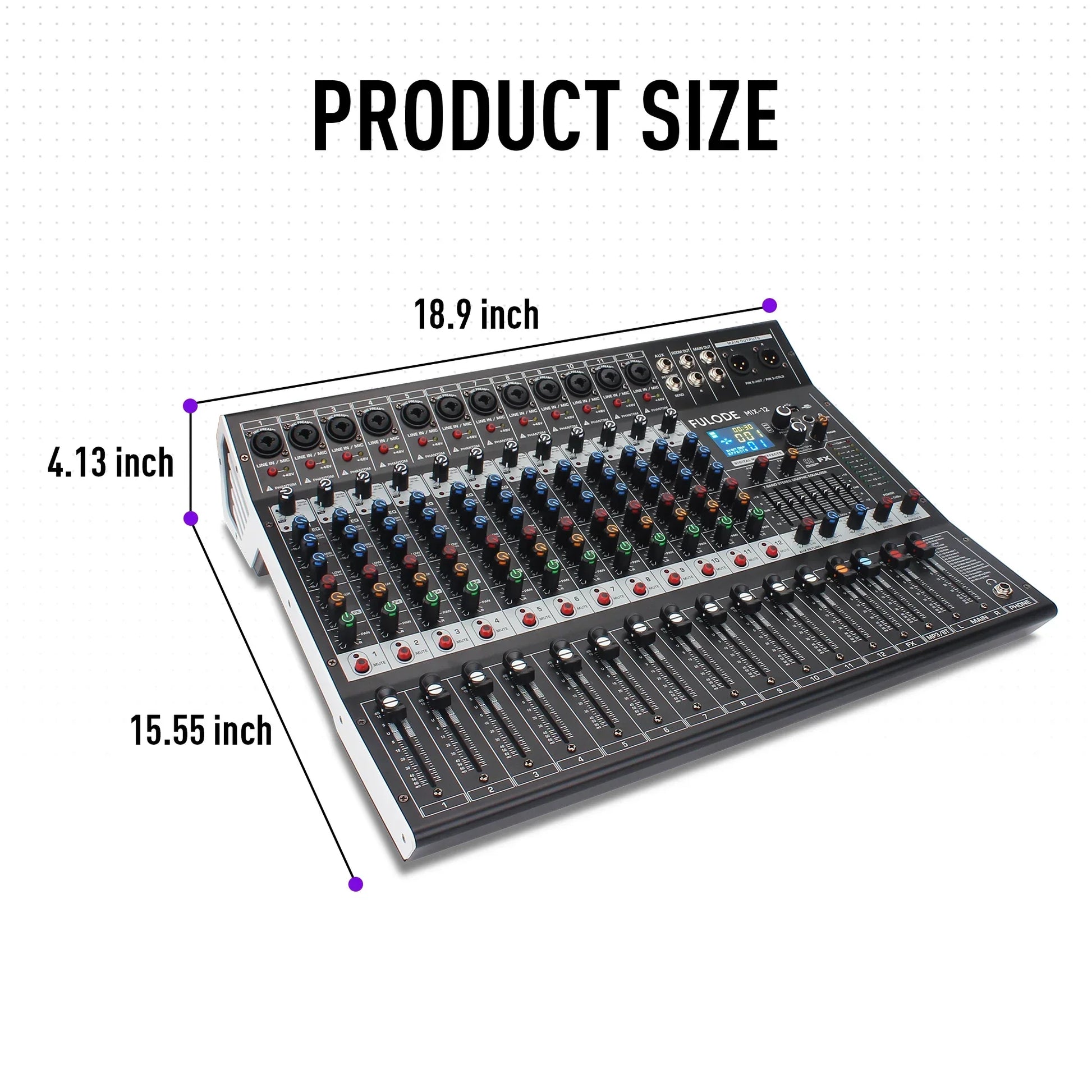 Black and silver fuloose 12-channel professional audio mixing sound board with colorful knobs and recording xlr mic jack