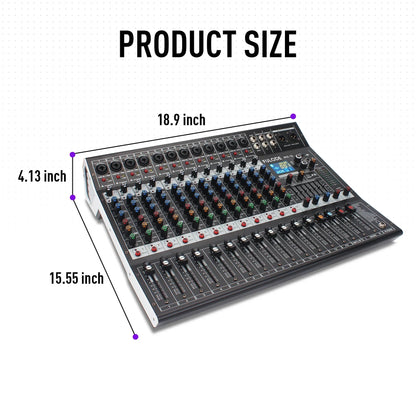 Black and silver fuloose 12-channel professional audio mixing sound board with colorful knobs and recording xlr mic jack