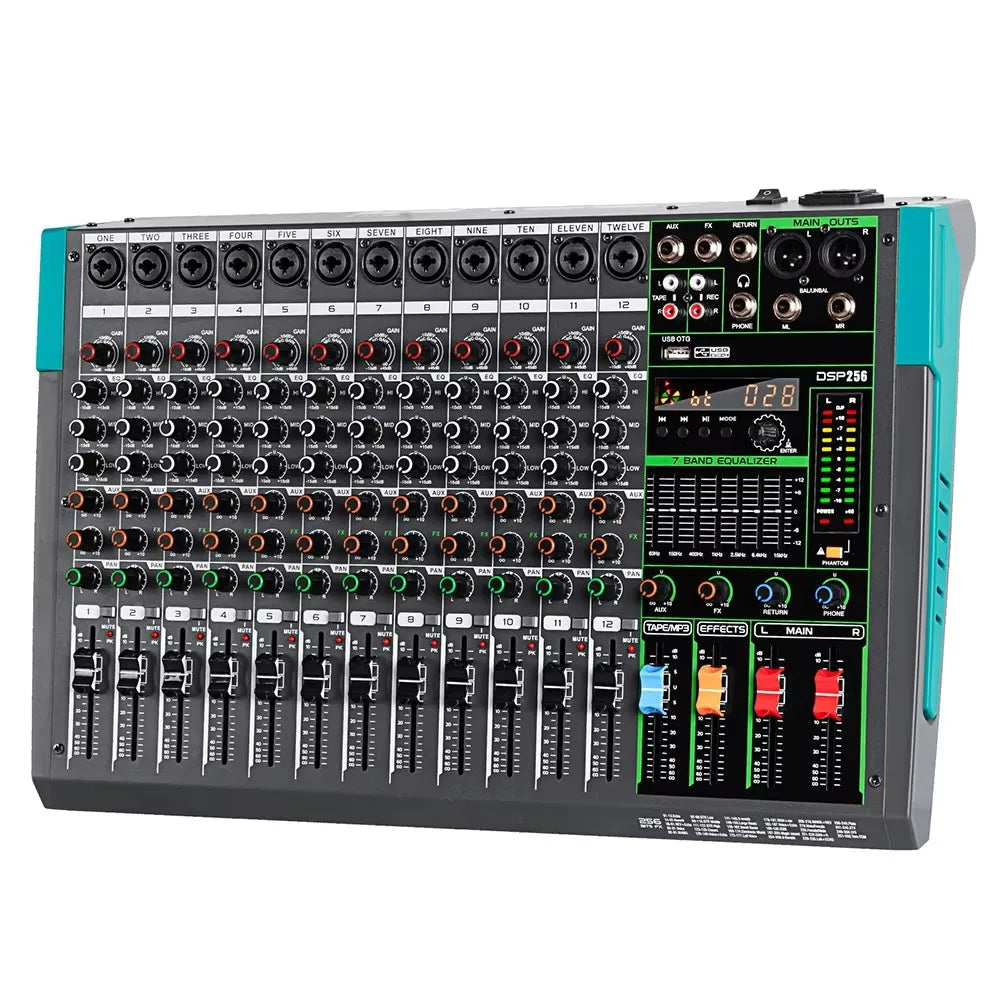 Black and teal depusheng mg12 mixing audio mixer with 12 channels 48v phantom power and dsp effects sound display
