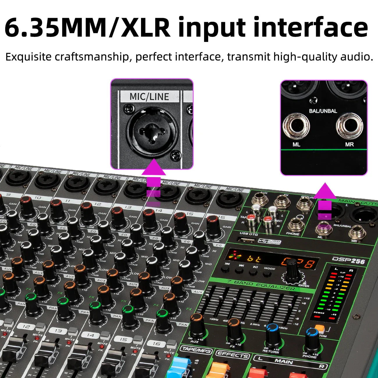 Black and green depusheng mg12 mixing console with 12 channels 48v phantom power and dsp effects sound for professional use