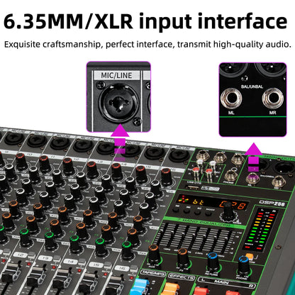 Black and green depusheng mg12 mixing console with 12 channels 48v phantom power and dsp effects sound for professional use