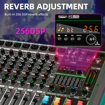 Black and green depusheng mg12 mixing audio sound mixer with 48v phantom power usb port and 256 dsp effects sound