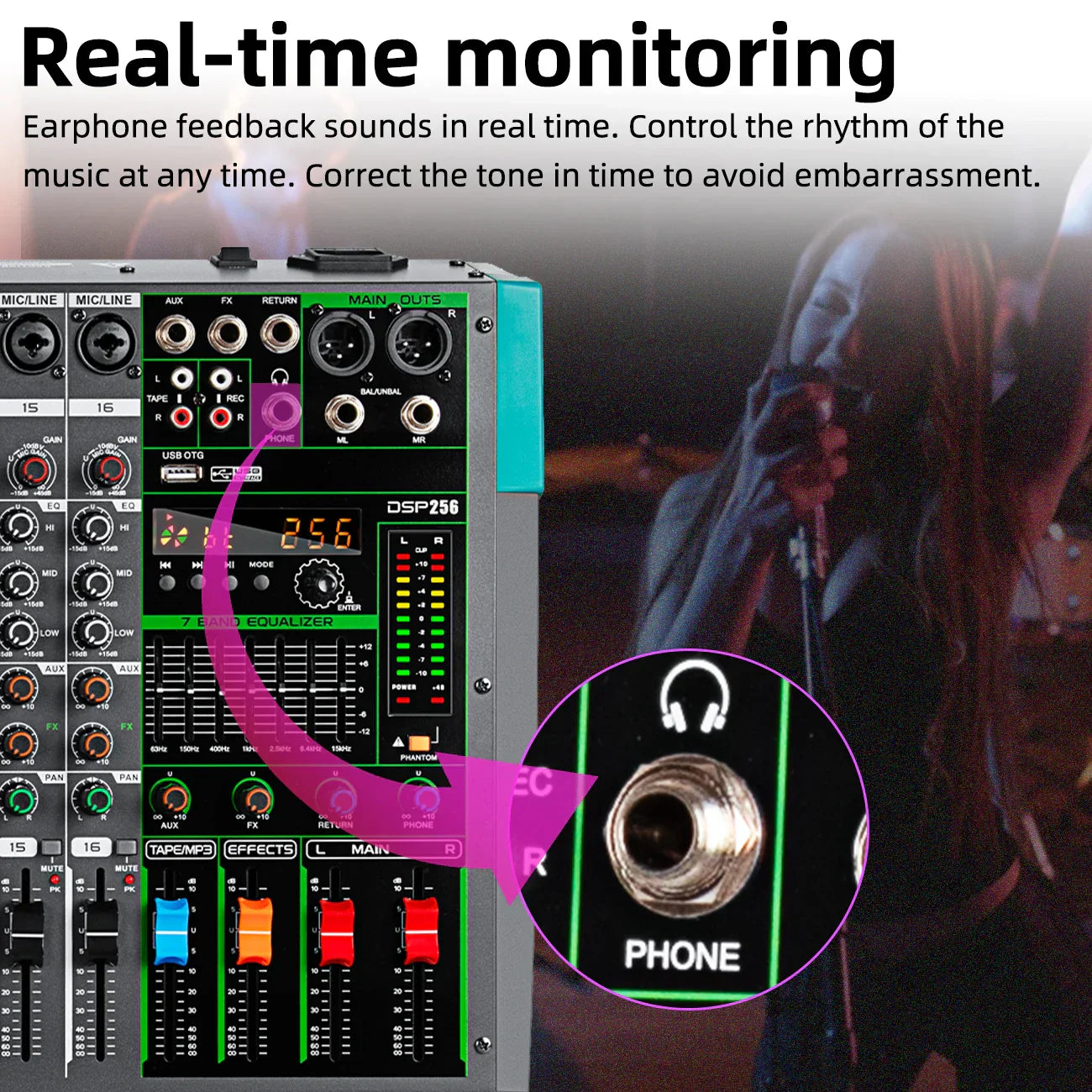 Black and teal depusheng mg12 mixing audio sound mixer with 12 channels 48v phantom power and dsp effects sound display