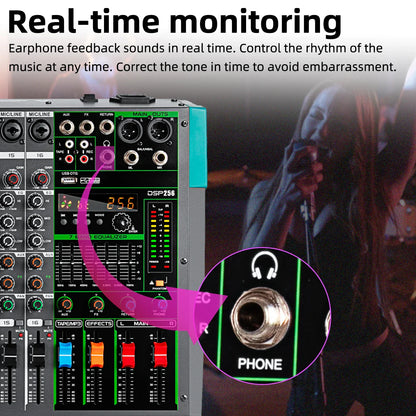 Black and teal depusheng mg12 mixing audio sound mixer with 12 channels 48v phantom power and dsp effects sound display