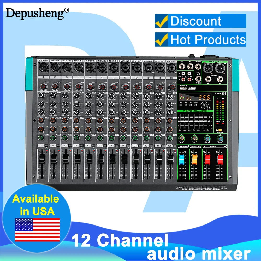 Black and teal depusheng mg12 12-channel audio mixer with dsp effects sound, 48v phantom power, and digital display for stage use