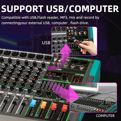 Teal and black depusheng mg12 mixing audio mixer with colorful knobs led display usb and 48v phantom power dsp effects sound