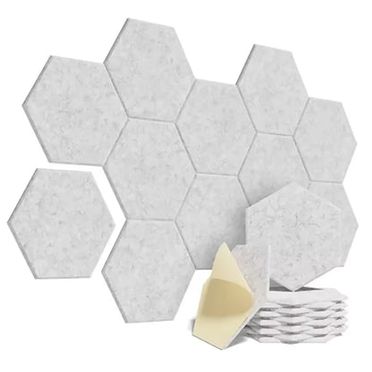 White hexagonal self-adhesive acoustic panels with textured stone-like surface for excellent acoustic treatment and on-site sound processing