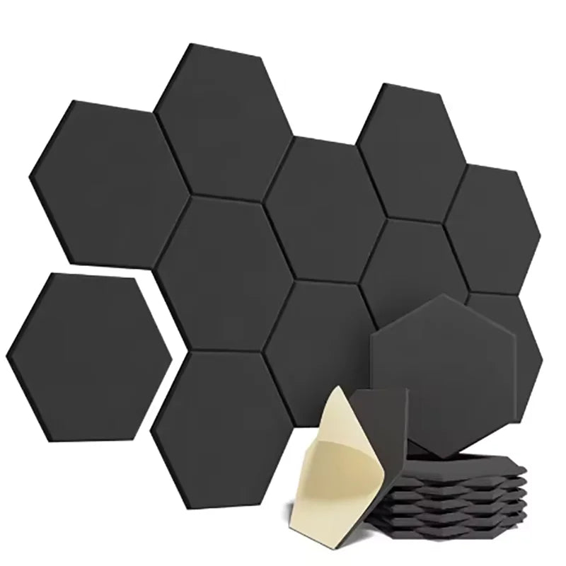 Black hexagonal self-adhesive acoustic panels with a matte finish provide excellent acoustic treatment for on-site sound processing