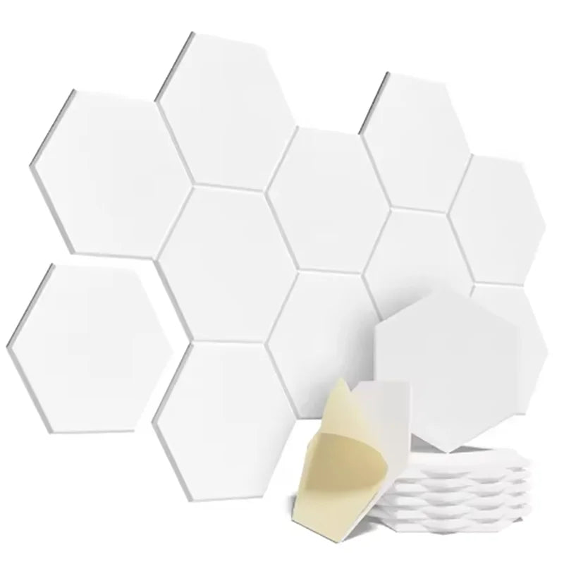 White hexagonal self-adhesive acoustic panels with sleek minimalist design for excellent acoustic treatment and on-site sound processing