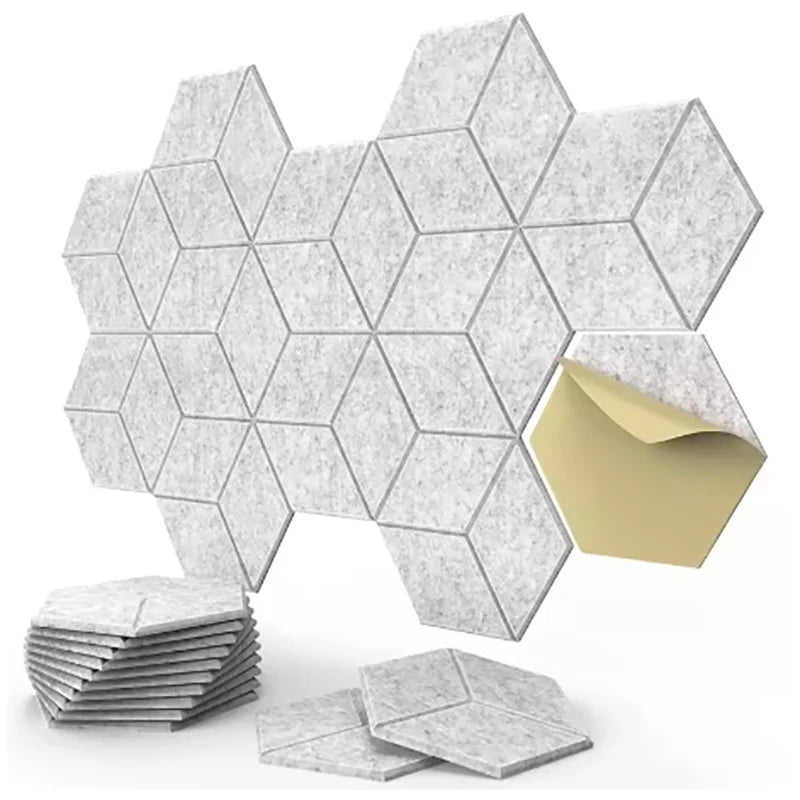 Gray hexagonal acoustic panels with felt-like texture and adhesive backing for excellent acoustic treatment and on-site sound processing