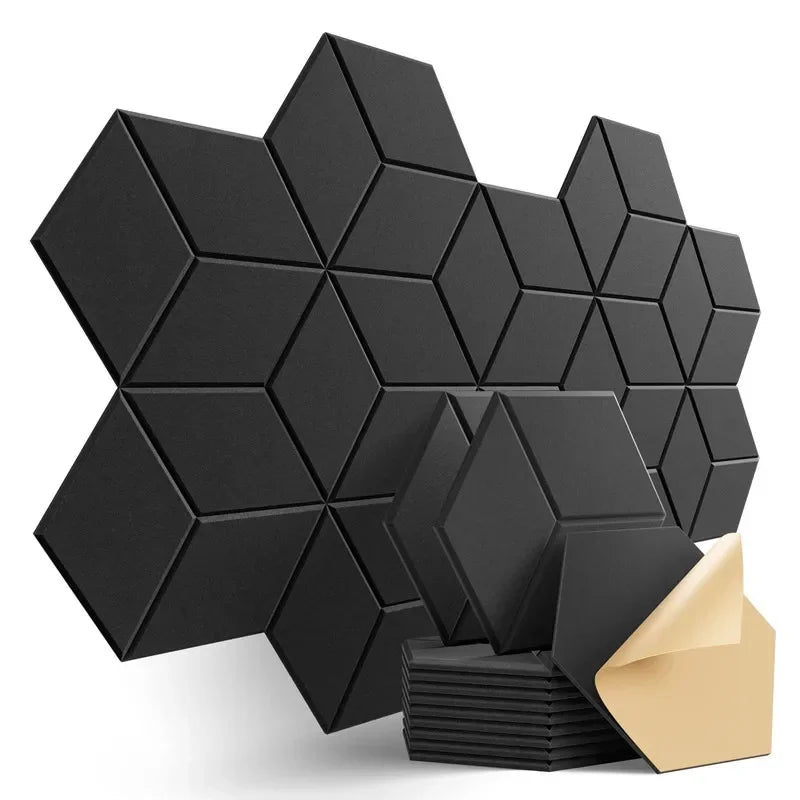 Black hexagonal acoustic panels with matte finish and adhesive backing for excellent acoustic treatment and on-site sound processing