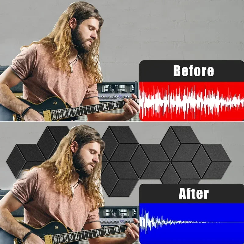 Black hexagonal self-adhesive acoustic panels in y-lined design for excellent acoustic treatment and on-site sound processing