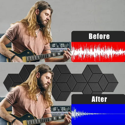Black hexagonal self-adhesive acoustic panels in y-lined design for excellent acoustic treatment and on-site sound processing