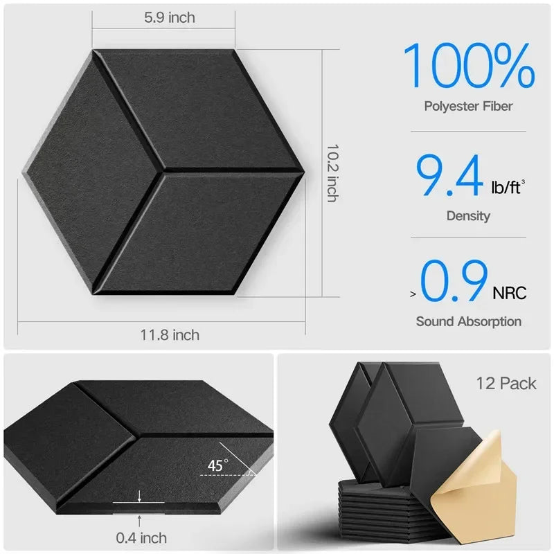 12 pack black hexagonal self-adhesive acoustic panels made of 100% polyester fiber for excellent acoustic treatment and on-site sound processing
