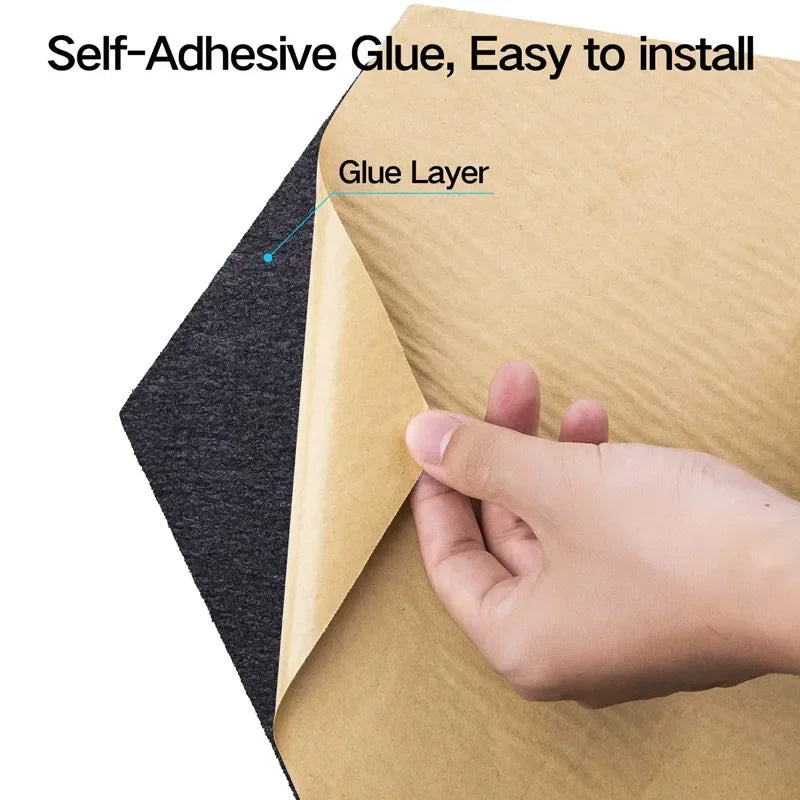 Self-adhesive glue sheet with black felt backing and tan paper layer for excellent acoustic treatment and on-site sound processing