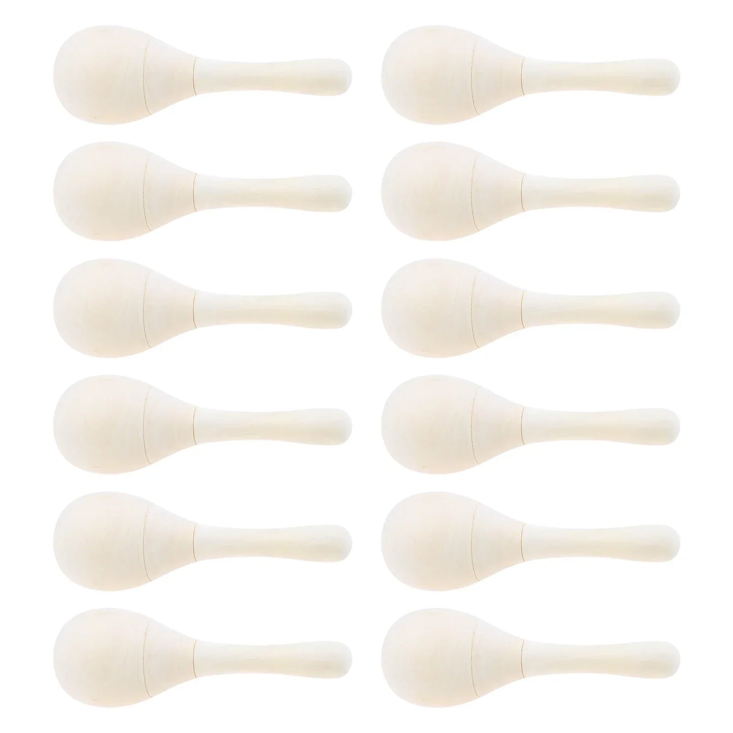 Set of ten off-white wooden maracas with smooth rounded bodies and tapered handles for adults hand percussion