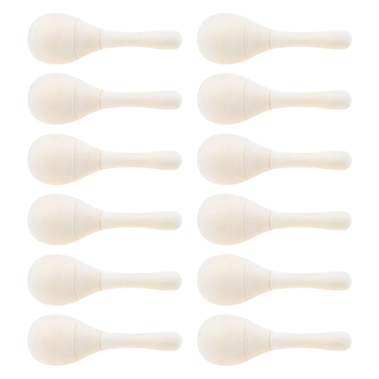 Set of ten off-white wooden maracas with smooth rounded bodies and tapered handles for adults hand percussion