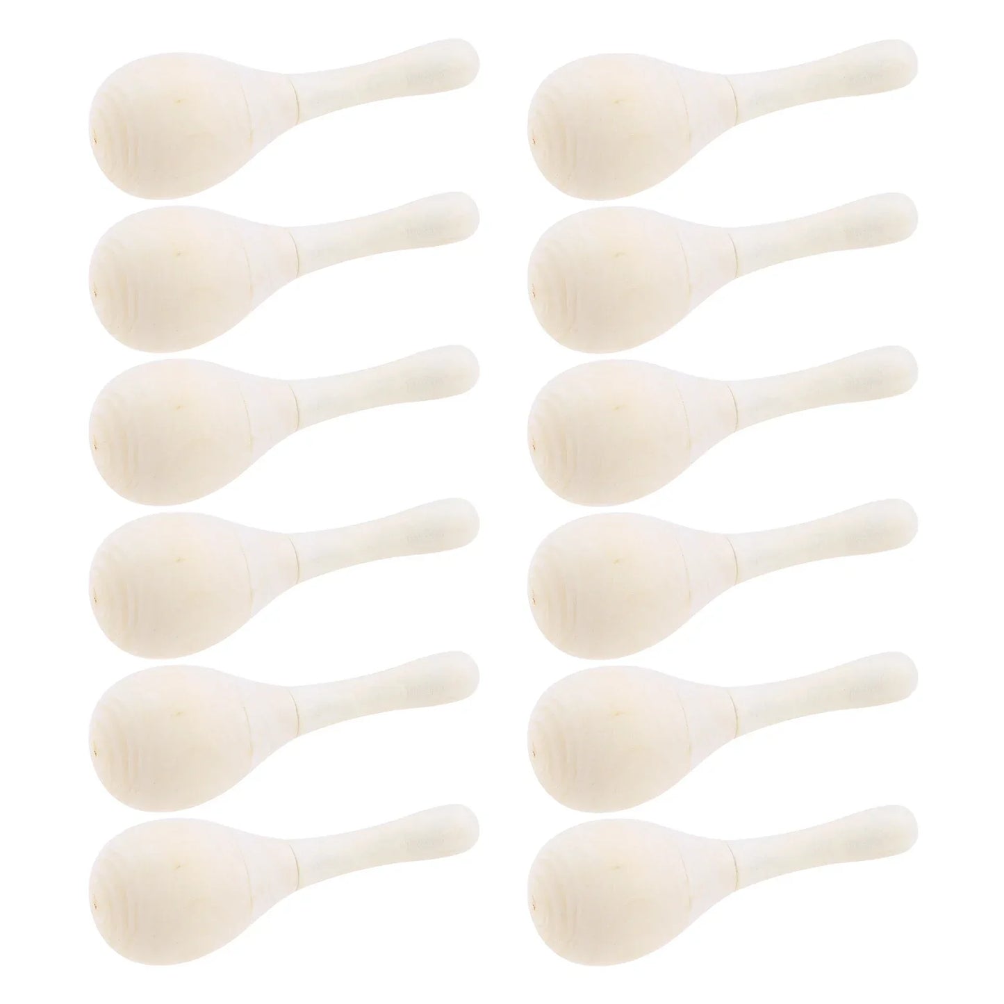 Set of ten unpainted wooden maracas with smooth light beige finish classic hourglass shape for adults hand percussion