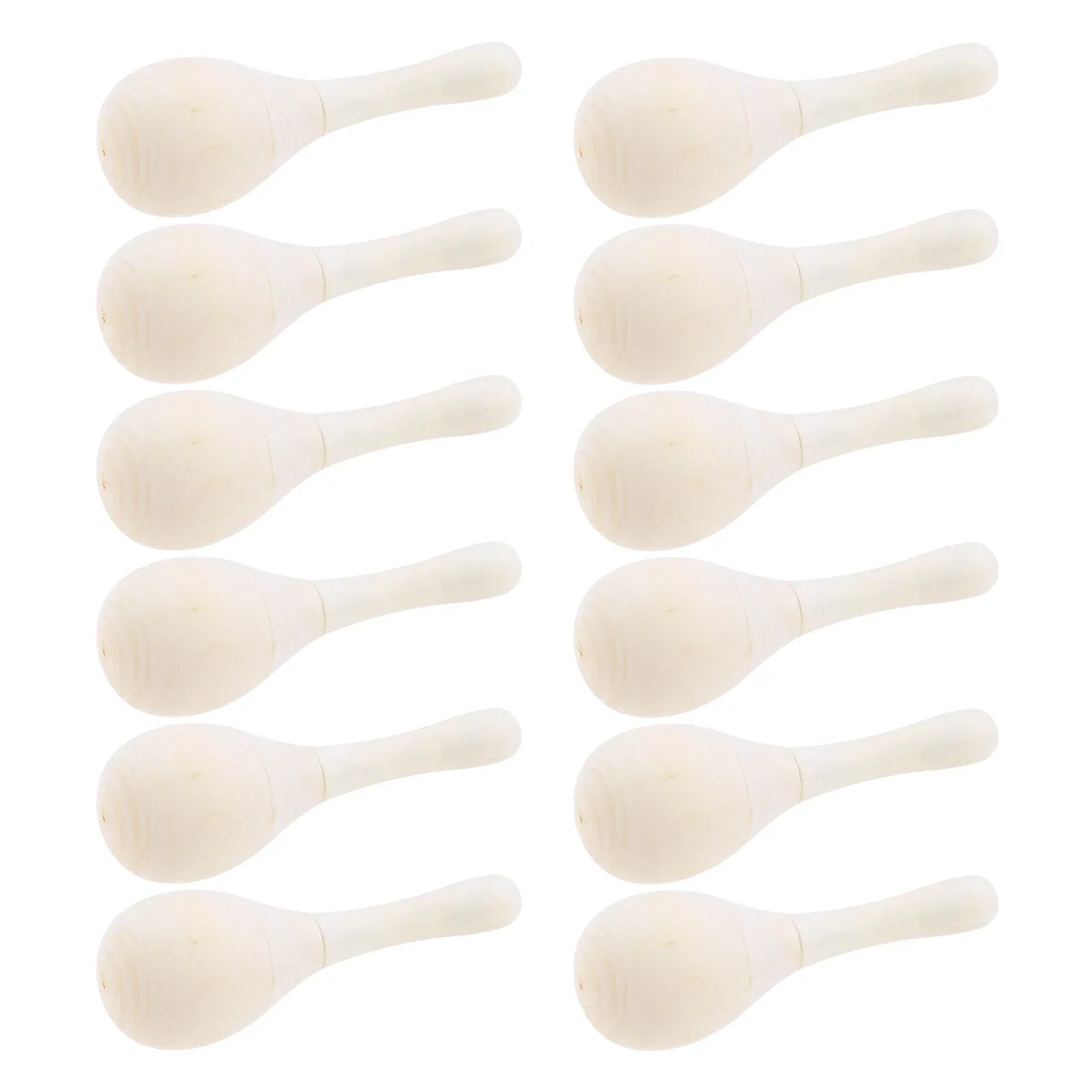 Set of ten unpainted wooden maracas with smooth light beige finish classic hourglass shape for adults hand percussion