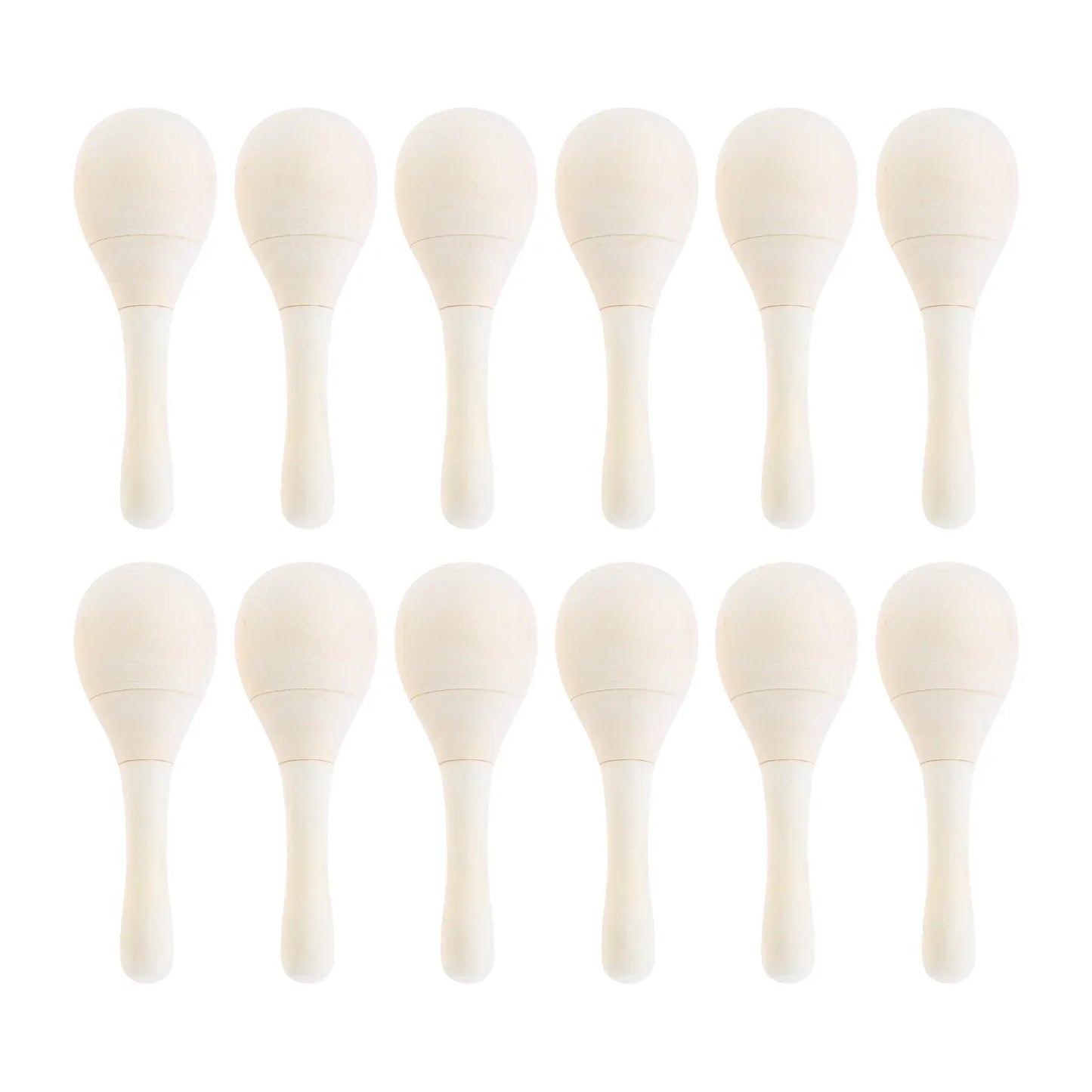 Ten off-white plastic maracas arranged in two rows for adults hand percussion and rumba shaker maracas use