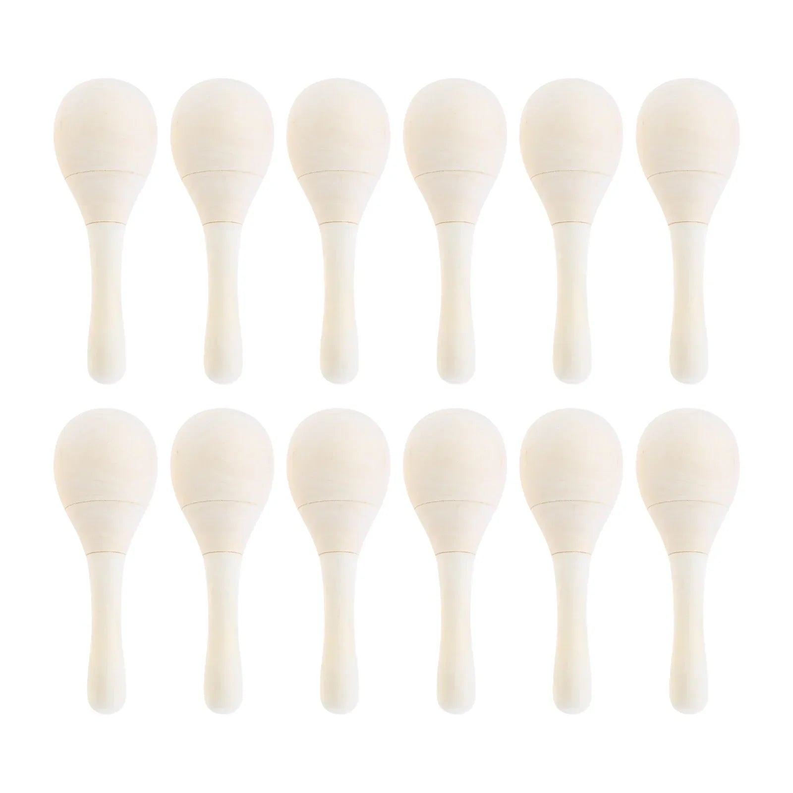 Ten off-white plastic maracas arranged in two rows for adults hand percussion and rumba shaker maracas use