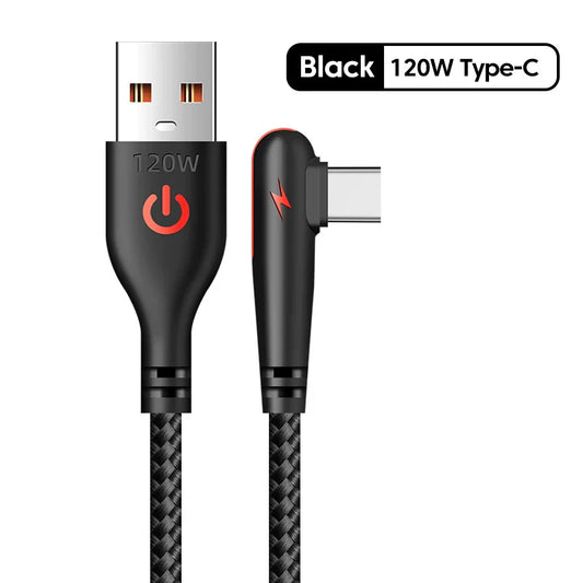 Black 120w usb to type-c cable with braided design and red power symbol for degree elbow mobile xiaomi samsung phone charging