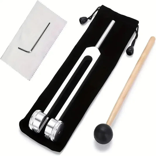 Silver bio-acoustic tuning fork set with wooden mallet and black velvet pouch for healing chakra sound therapy